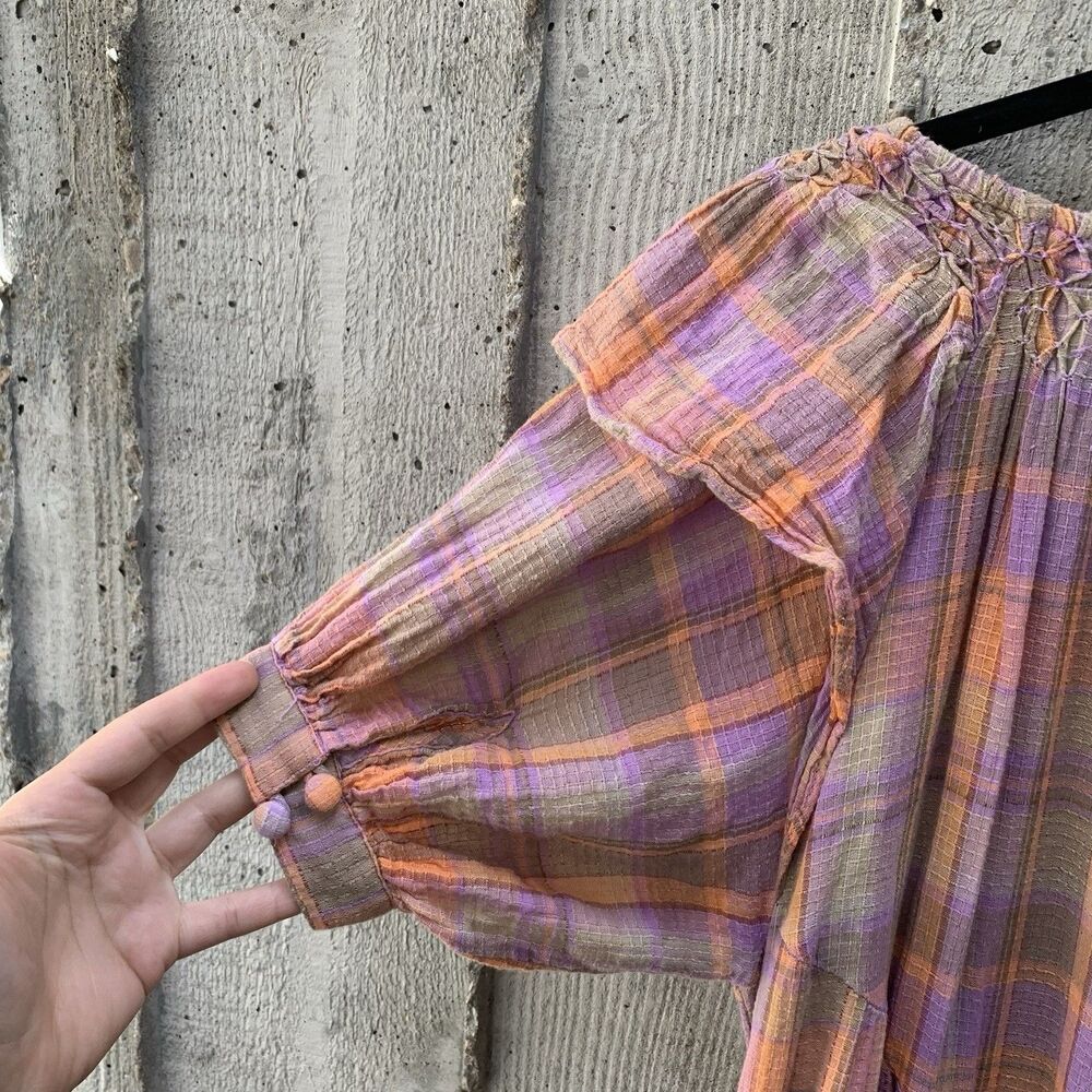 Free People Amelie Mini Dress Tiered Gauzy Plaid Picnic Prairie Western Boho XS - Picture 4 of 12